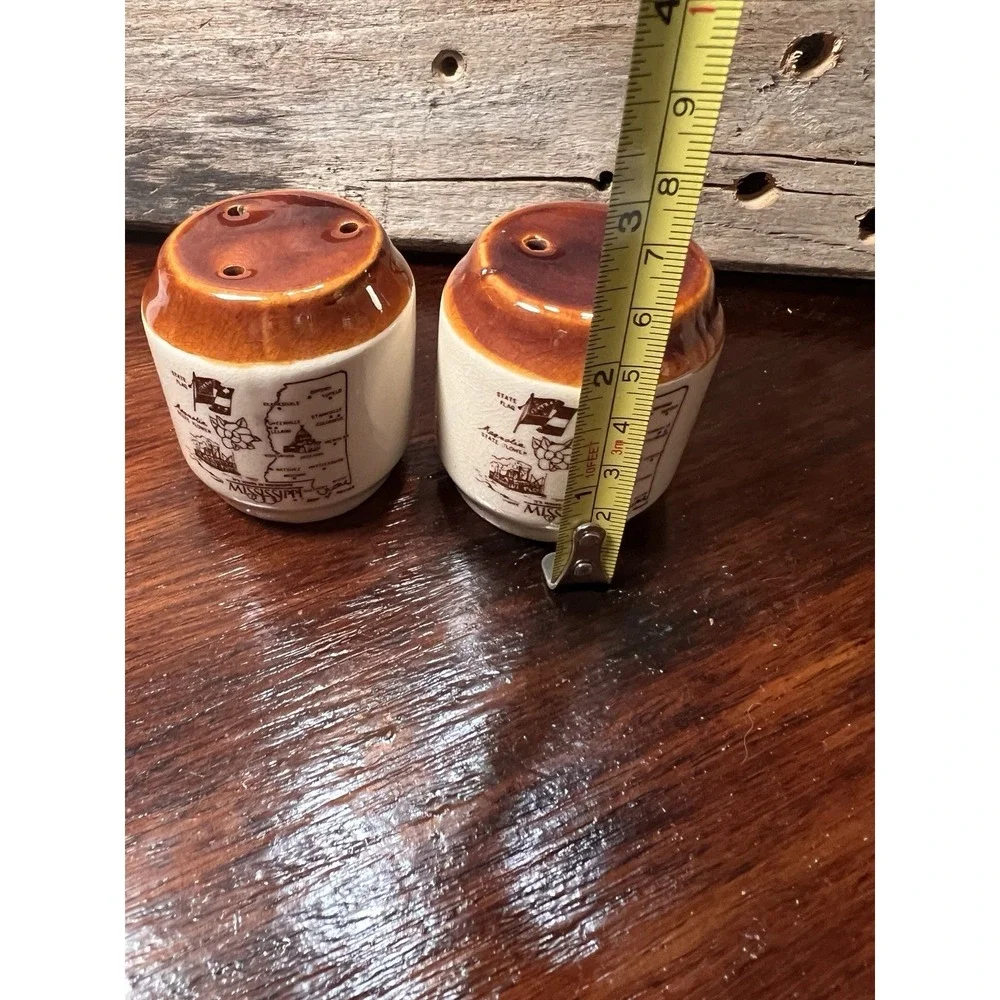 Mississippi Ceramic tan brown Salt And Pepper Shakers state map cylinder Vintage